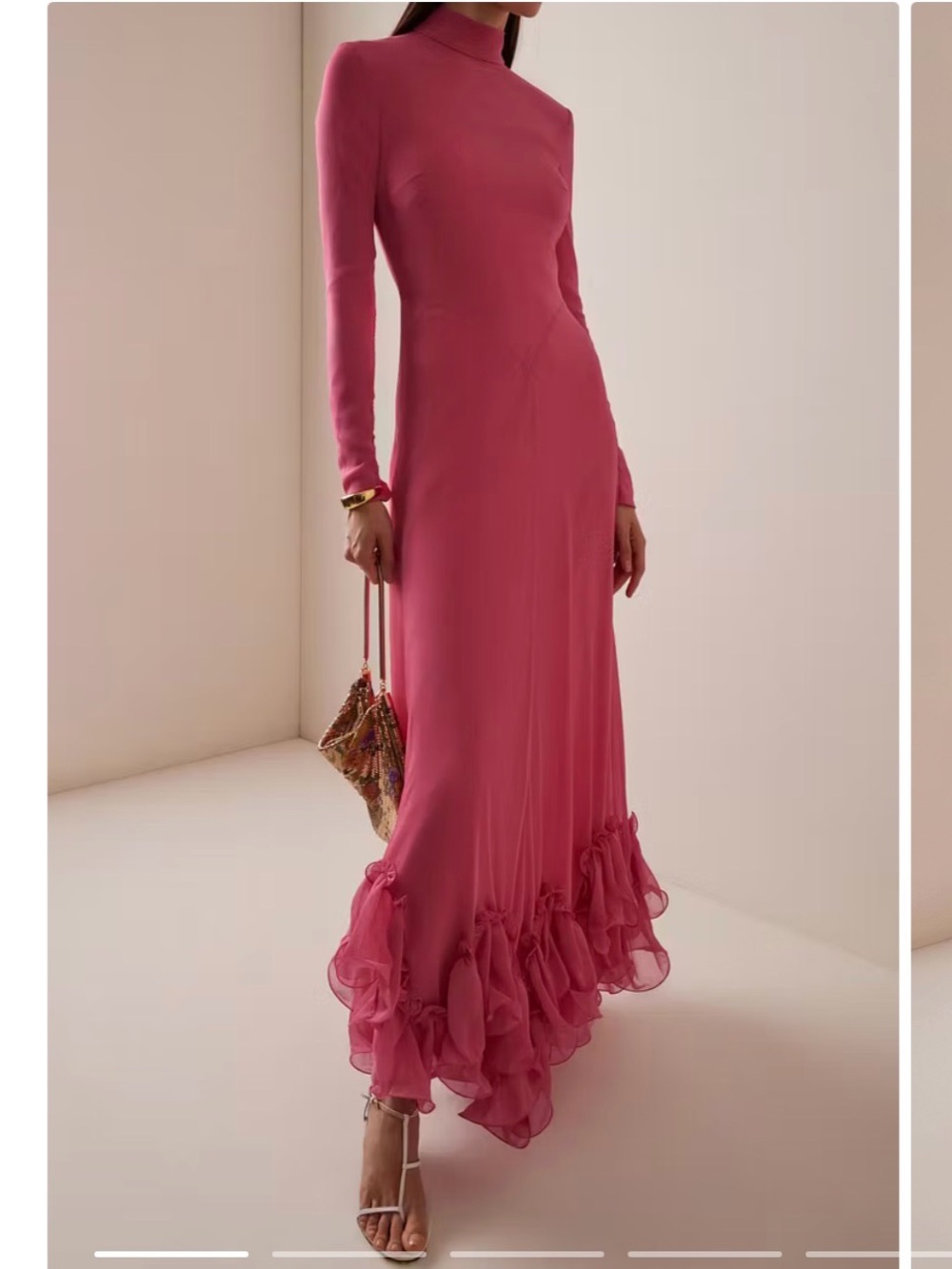 High-Neck Long-Sleeve Pink Maxi Dress with Ruffle Hem